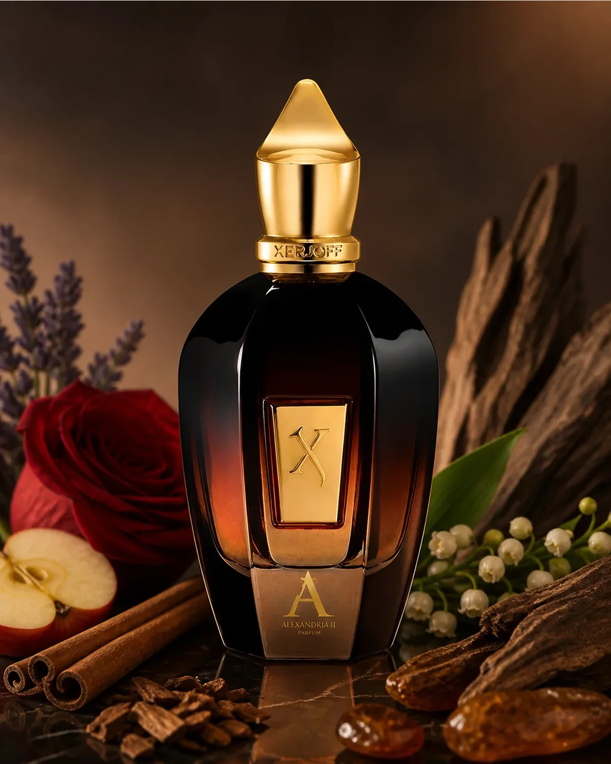 XERJOFF OUD STARS ALEXANDRIA II PARFUM 100ml fragrance bottle in a scent-inspired setting