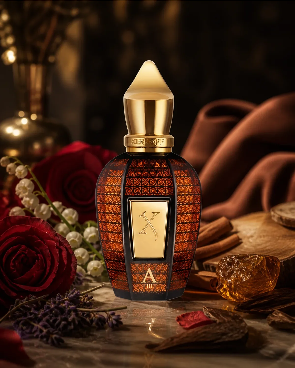 XERJOFF OUD STARS ALEXANDRIA III PARFUM 50ml fragrance bottle in a scent-inspired setting