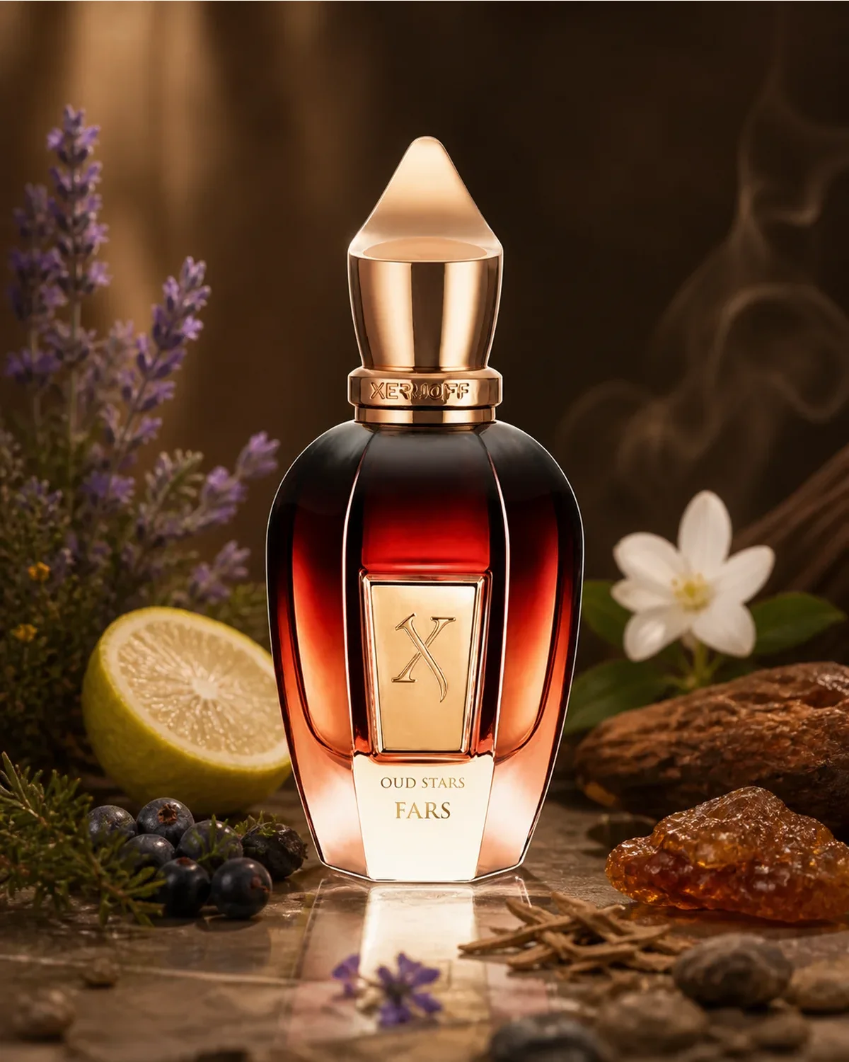 XERJOFF OUD STARS FARS PARFUM 50ml fragrance bottle in a scent-inspired setting