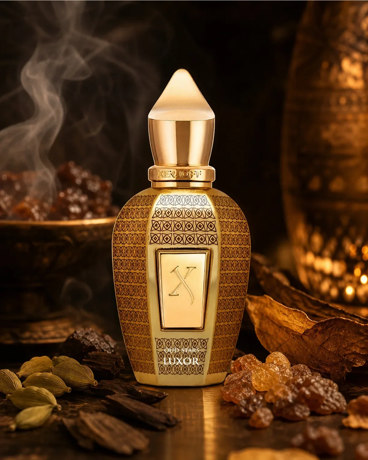 XERJOFF OUD STARS LUXOR PARFUM 50ml fragrance bottle in a scent-inspired setting