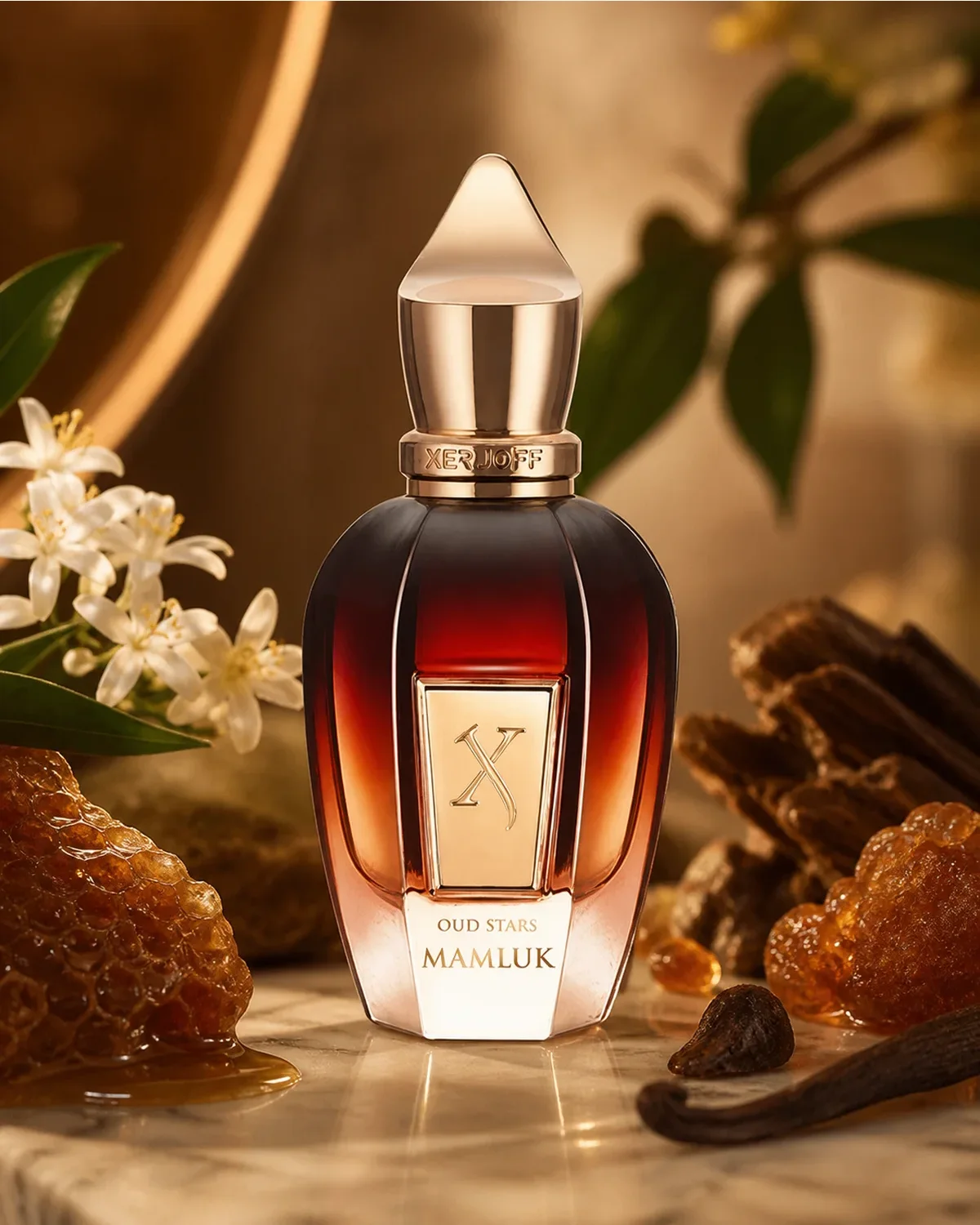 XERJOFF OUD STARS MAMLUK PARFUM 50ml fragrance bottle in a scent-inspired setting