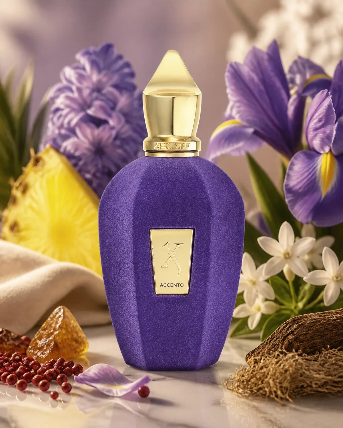 XERJOFF V ACCENTO EDP 100ml fragrance bottle in a scent-inspired setting
