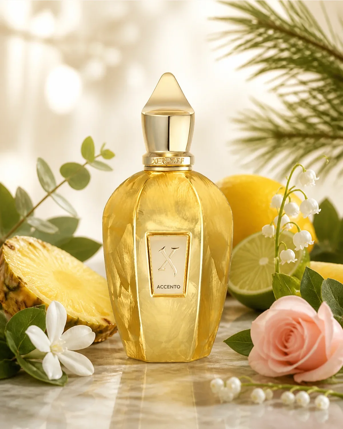 XERJOFF V ACCENTO OVERDOSE EDP 100ml fragrance bottle in a scent-inspired setting
