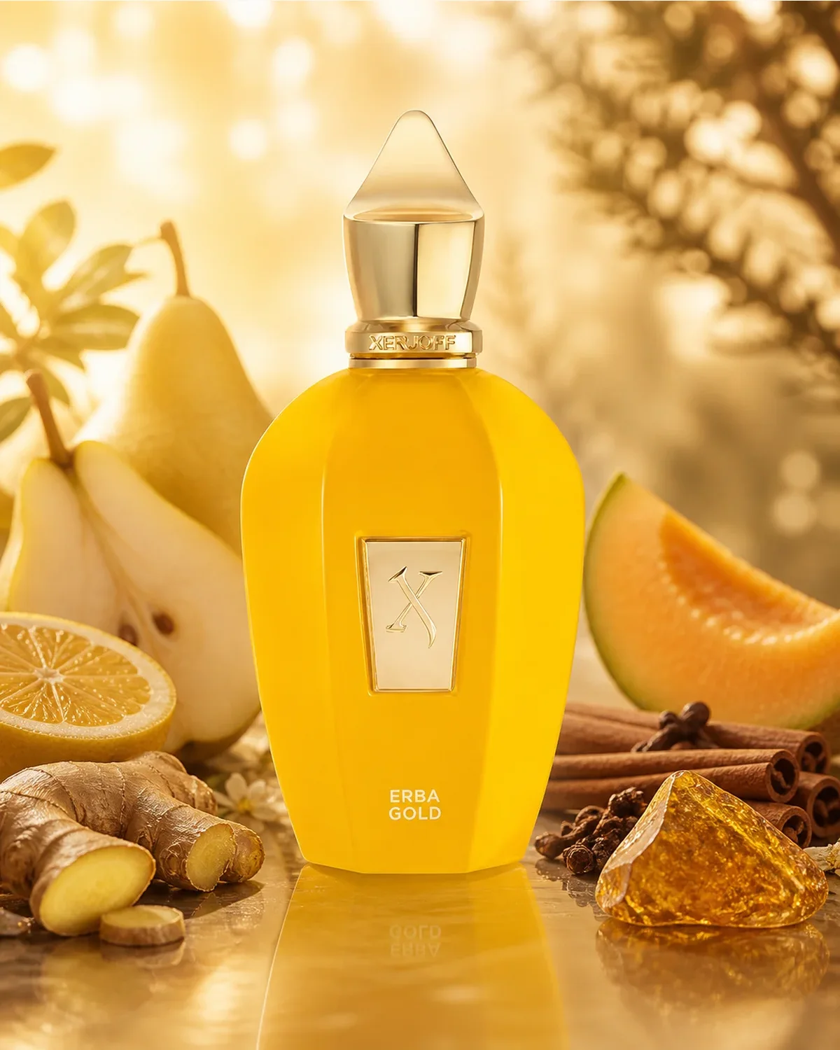 XERJOFF V ERBA GOLD EDP 100ml fragrance bottle in a scent-inspired setting