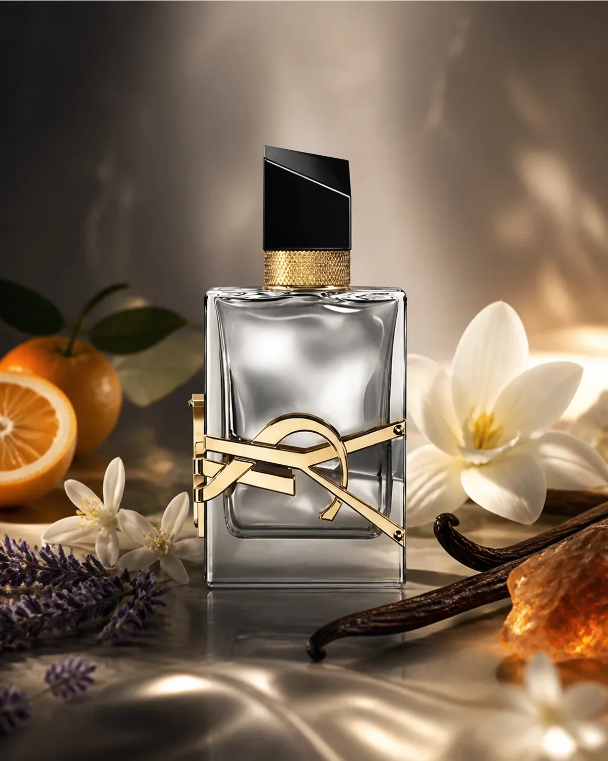 YVES SAINT LAURENT LIBRE L’ABSOLU PLATINE PARFUM 50ml fragrance bottle in a scent-inspired setting