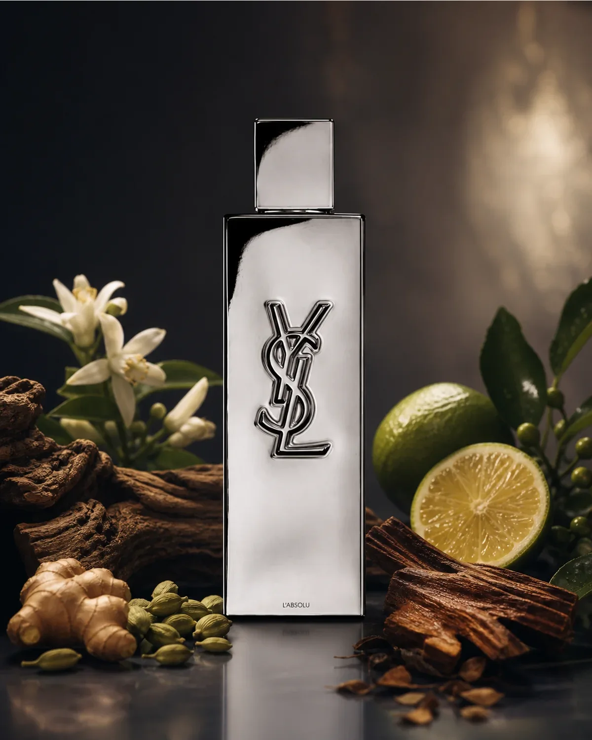 YVES SAINT LAURENT MYSLF L’ABSOLU (M) PARFUM 100ml — optimized scent portrait YVES SAINT LAURENT MYSLF L’ABSOLU (M) PARFUM 100ml fragrance bottle in a scent-inspired setting