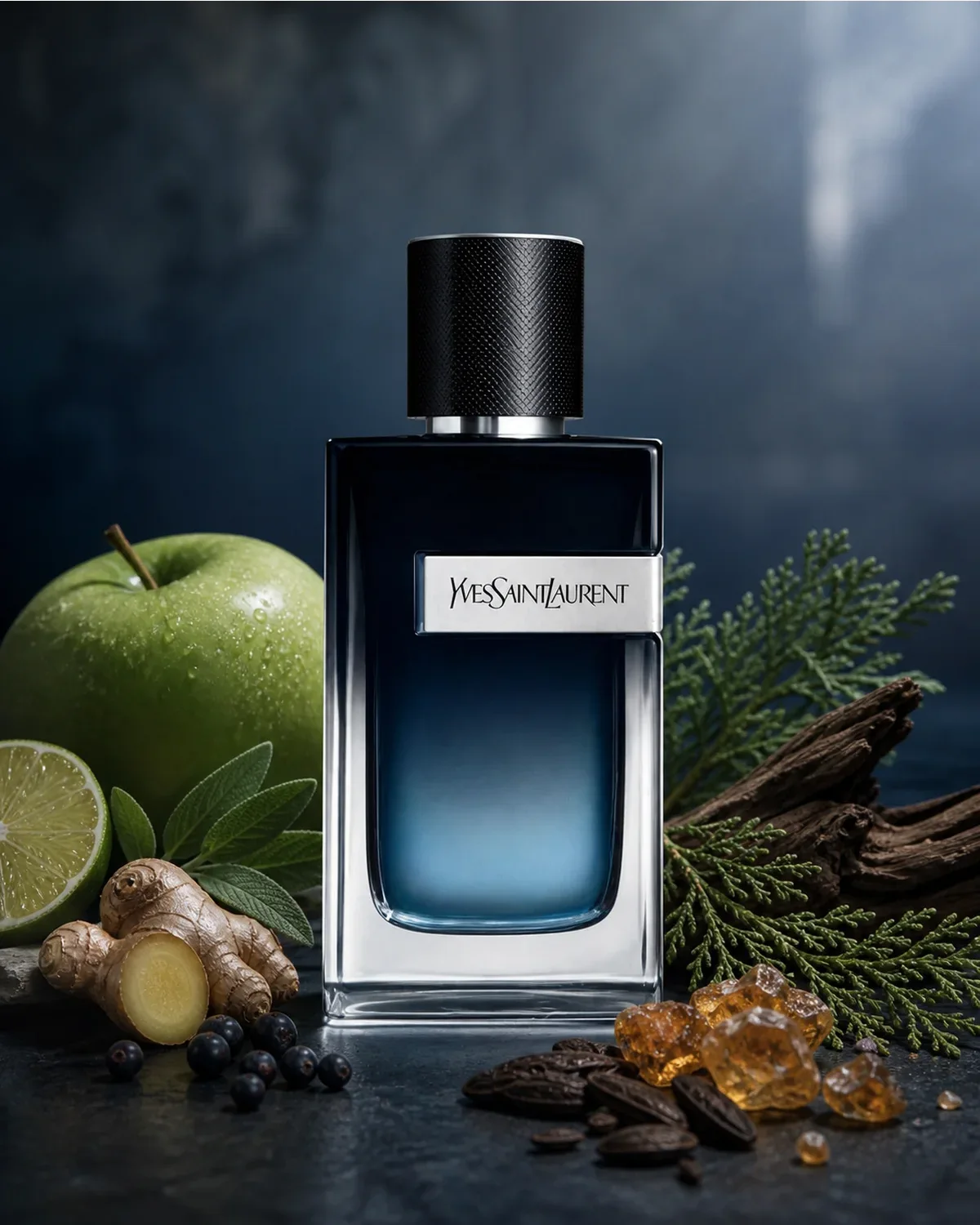 YVES SAINT LAURENT Y EDP 100ML fragrance bottle in a scent-inspired setting
