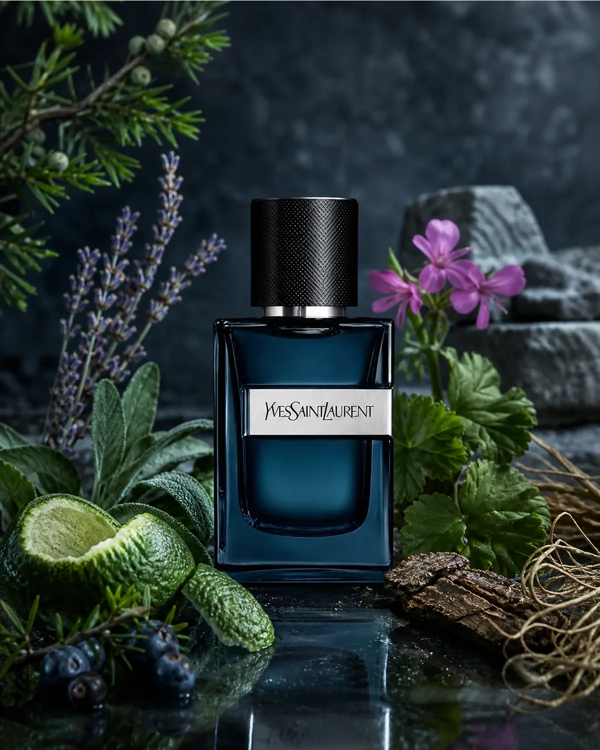 YVES SAINT LAURENT Y INTENSE EDP 60ML fragrance bottle in a scent-inspired setting