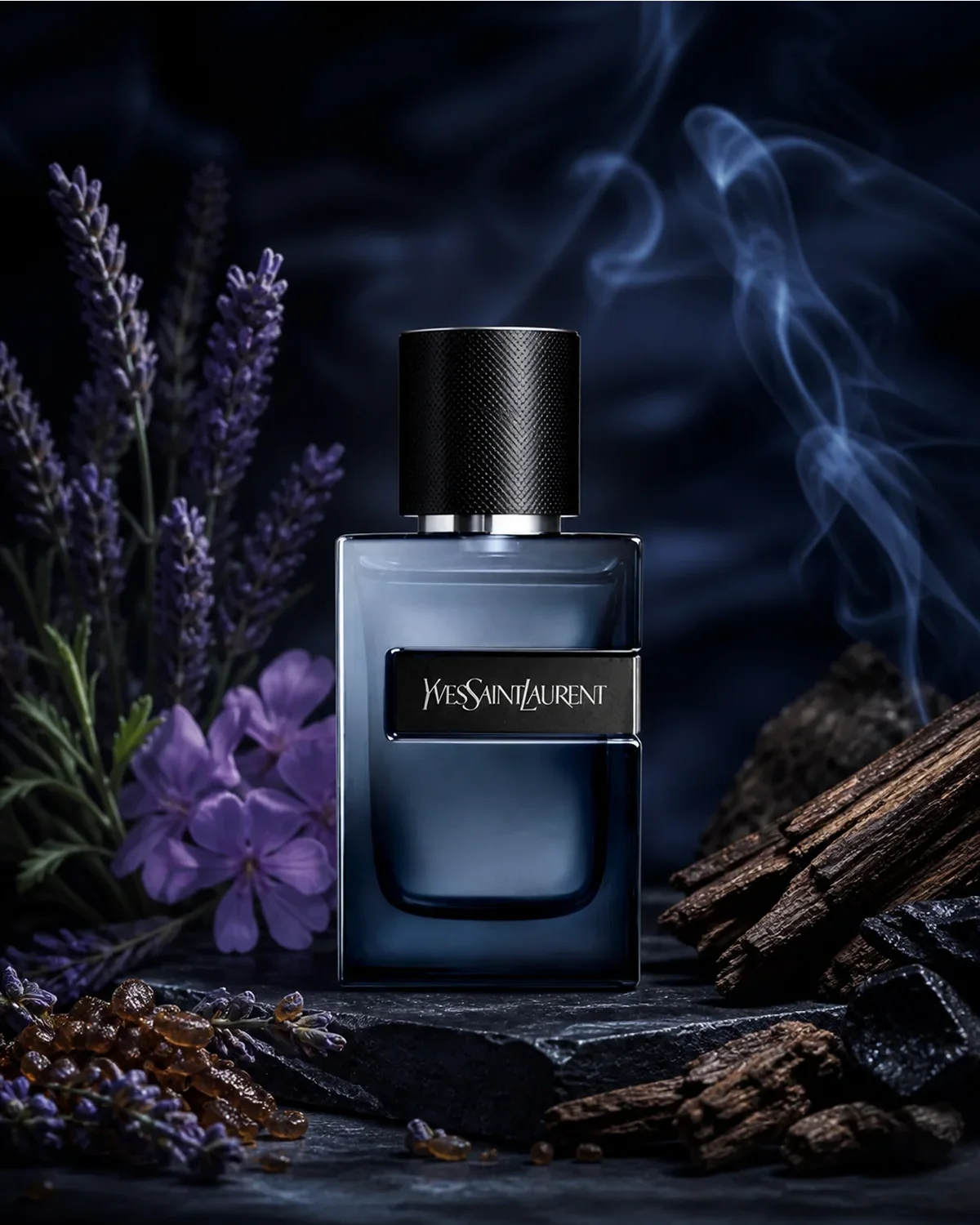YVES SAINT LAURENT Y L’ELIXIR PARFUM 60ML fragrance bottle in a scent-inspired setting