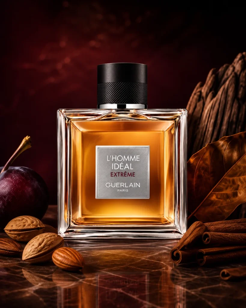 Guerlain L Homme Ideal Extreme 100ml current clear-glass bottle with black cap in a fragrance-inspired setting