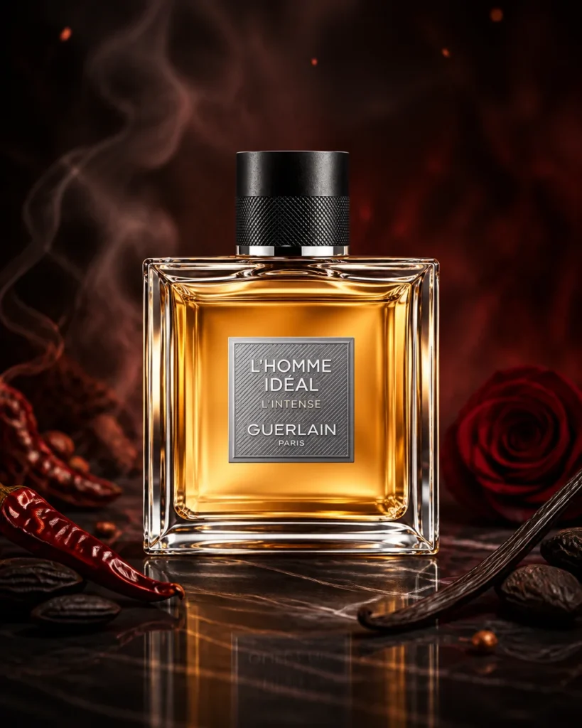 Guerlain L Homme Ideal Intense 100ml current clear-glass bottle with black cap in a fragrance-inspired setting